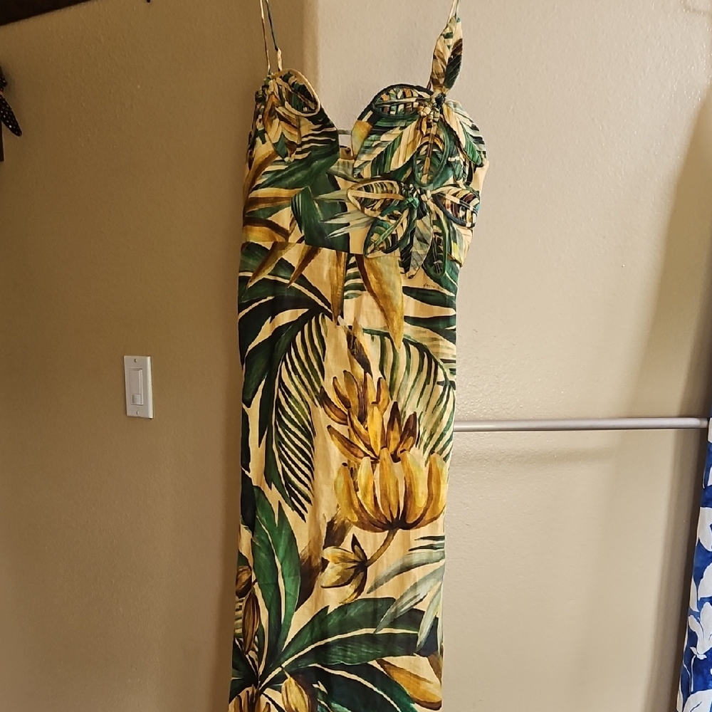 Farmacy Tropical Green and Yellow Midi Dress